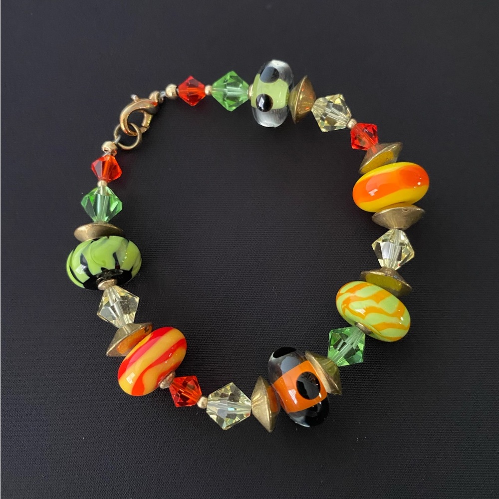 Colorful Orange Green Murano Style Glass Bead Bracelet
